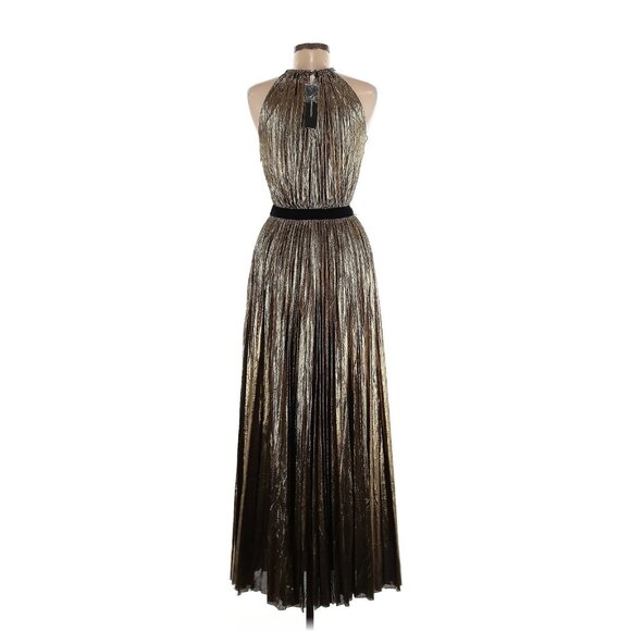 NWT BCBG MaxAzria Starling Gown in Gold Metallic Pleated Halter Maxi Dress S - Picture 2 of 10